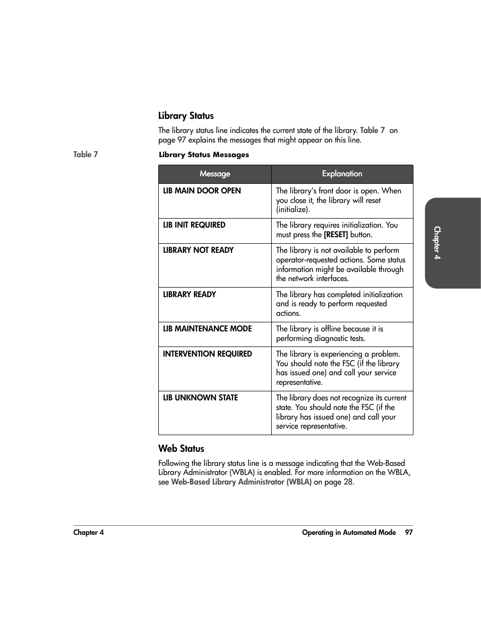 Library status, Web status, Library status 97 | Web status 97 | HP 20/700 User Manual | Page 98 / 219