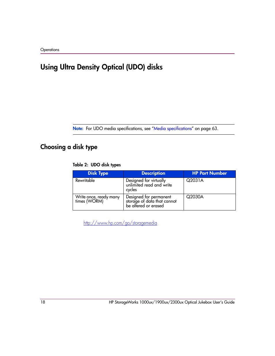 Using ultra density optical (udo) disks, Choosing a disk type, Table 2: udo disk types | HP 1900ux User Manual | Page 18 / 80