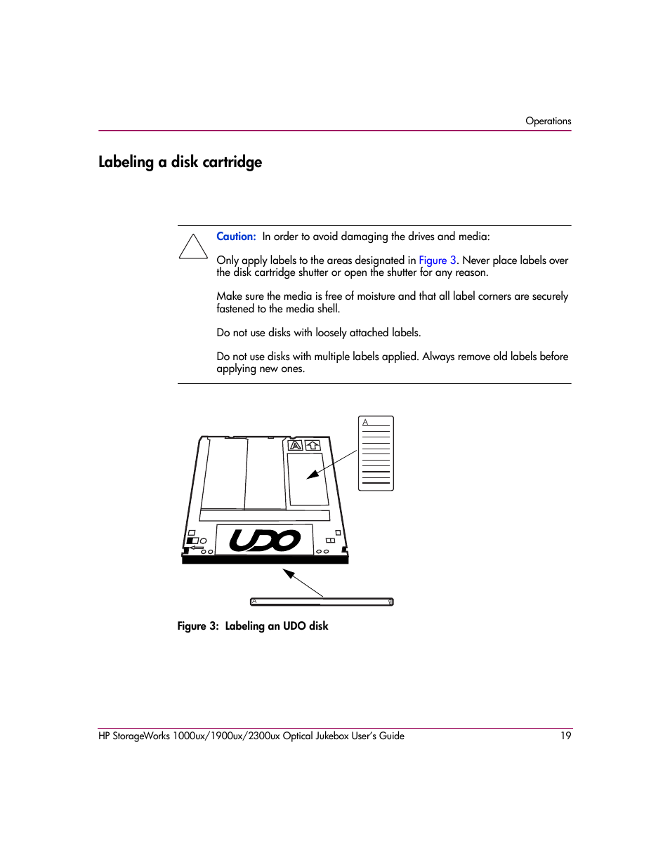 Labeling a disk cartridge, Figure 3: labeling an udo disk | HP 1900ux User Manual | Page 19 / 80