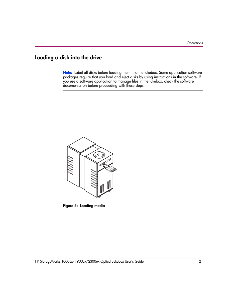 Loading a disk into the drive, Figure 5: loading media | HP 1900ux User Manual | Page 21 / 80