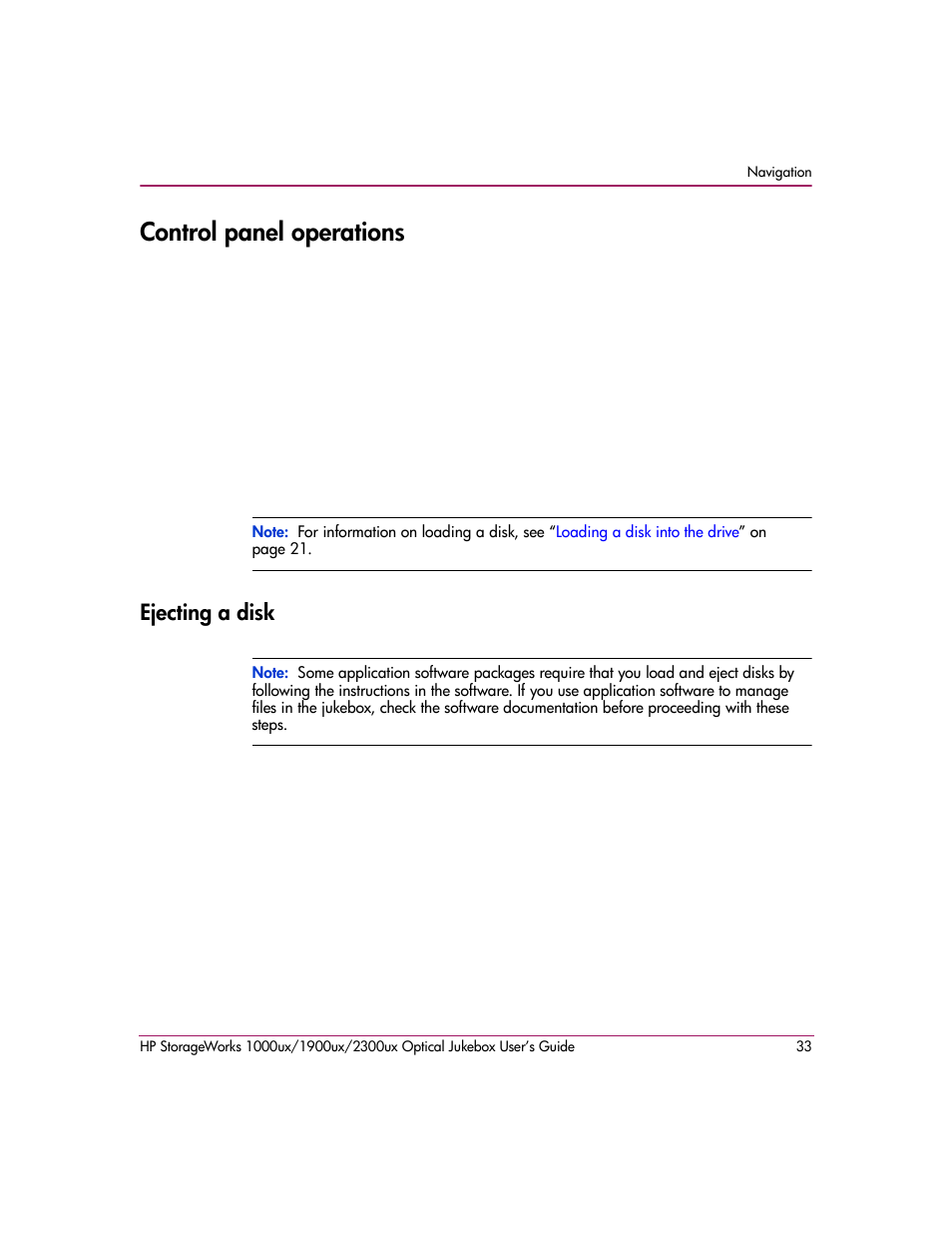 Control panel operations, Ejecting a disk | HP 1900ux User Manual | Page 33 / 80