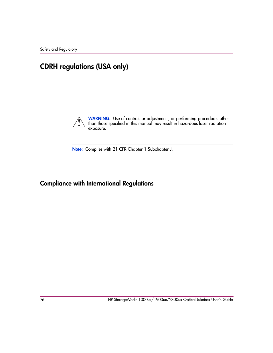Cdrh regulations (usa only), Compliance with international regulations | HP 1900ux User Manual | Page 76 / 80