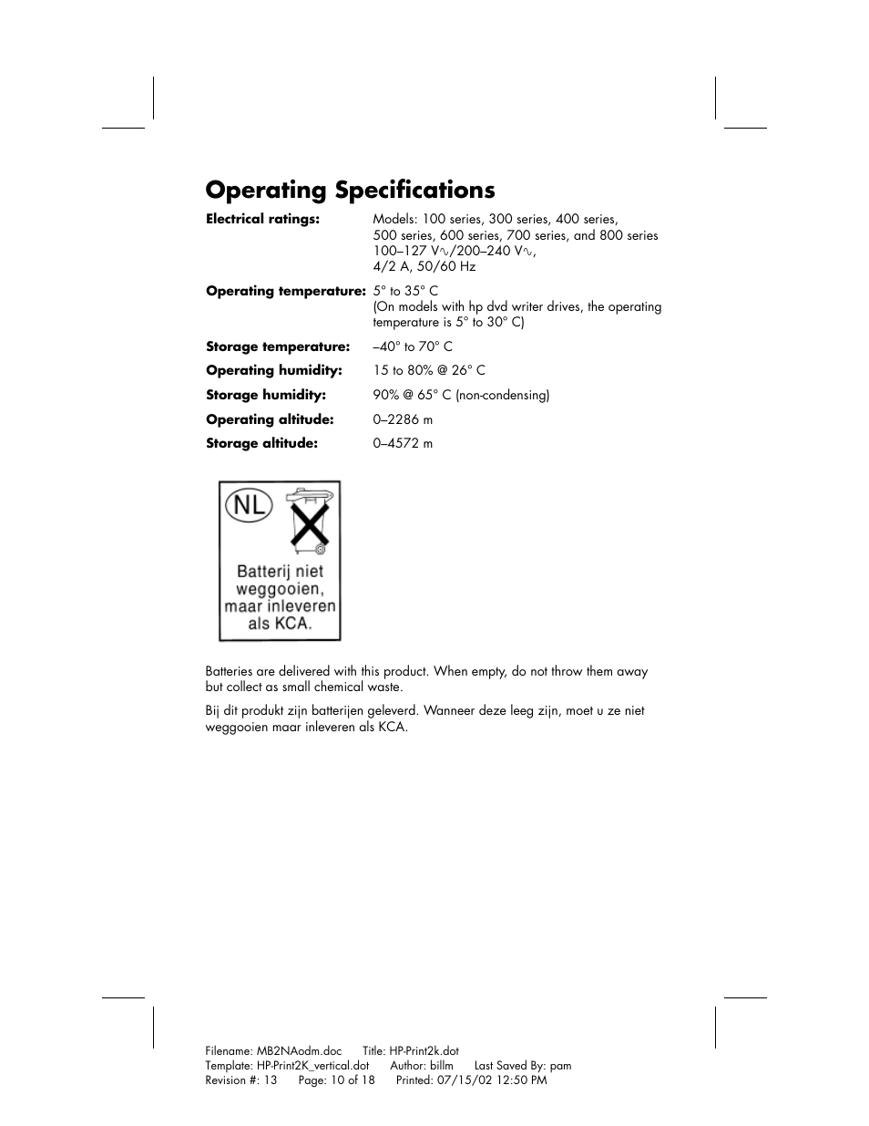 Operating specifications | HP Home PC User Manual | Page 10 / 18