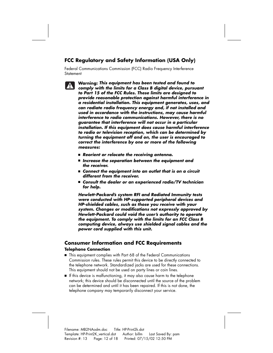 Fcc regulatory and safety information (usa only), Consumer information and fcc requirements | HP Home PC User Manual | Page 12 / 18