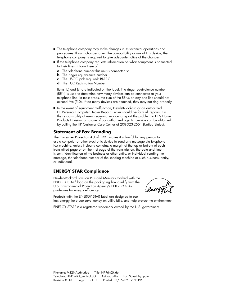 Statement of fax branding, Energy star compliance | HP Home PC User Manual | Page 13 / 18