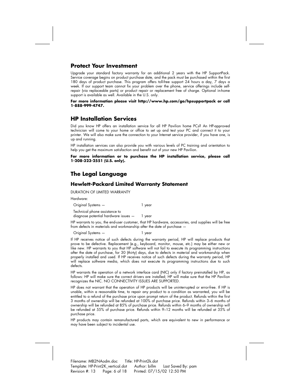 Protect your investment, Hp installation services, The legal language | HP Home PC User Manual | Page 6 / 18