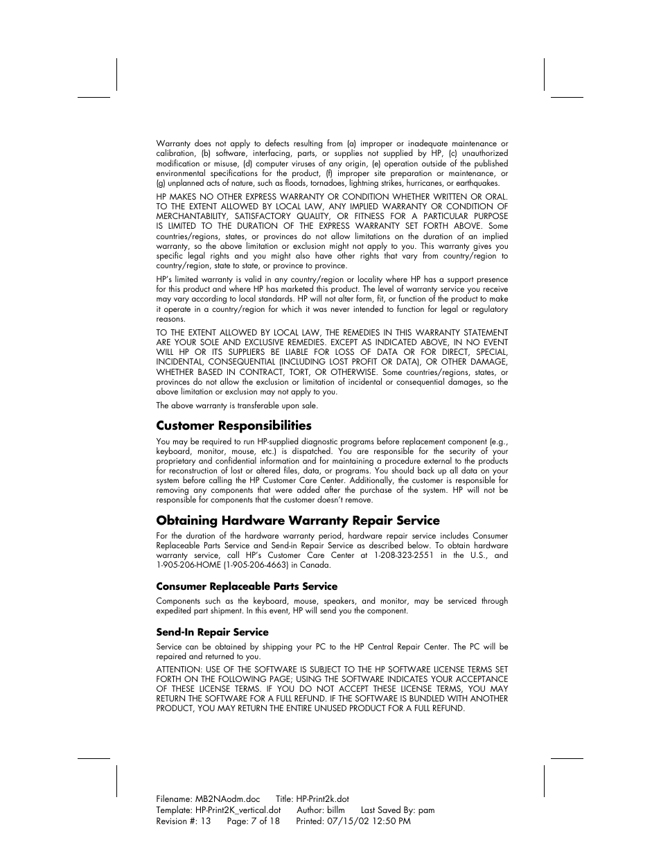 Customer responsibilities, Obtaining hardware warranty repair service | HP Home PC User Manual | Page 7 / 18