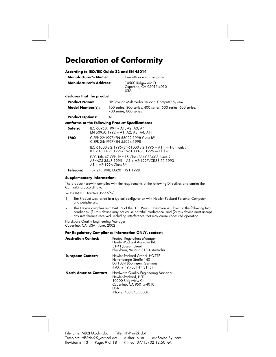 Declaration of conformity | HP Home PC User Manual | Page 9 / 18