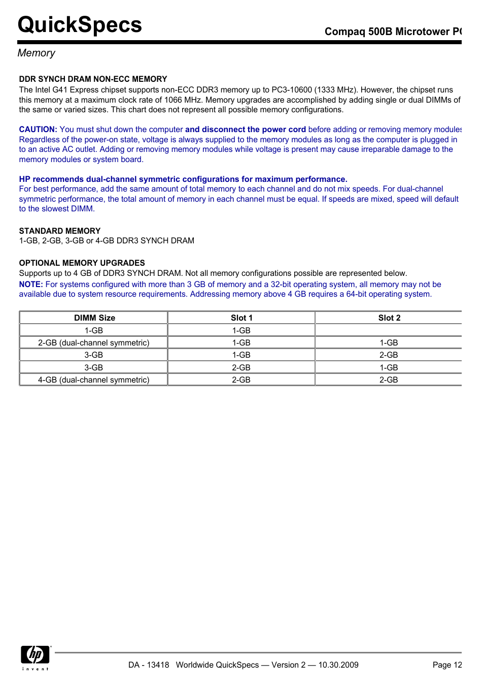 Memory, Quickspecs | HP Compaq Microtower 500B User Manual | Page 12 / 31