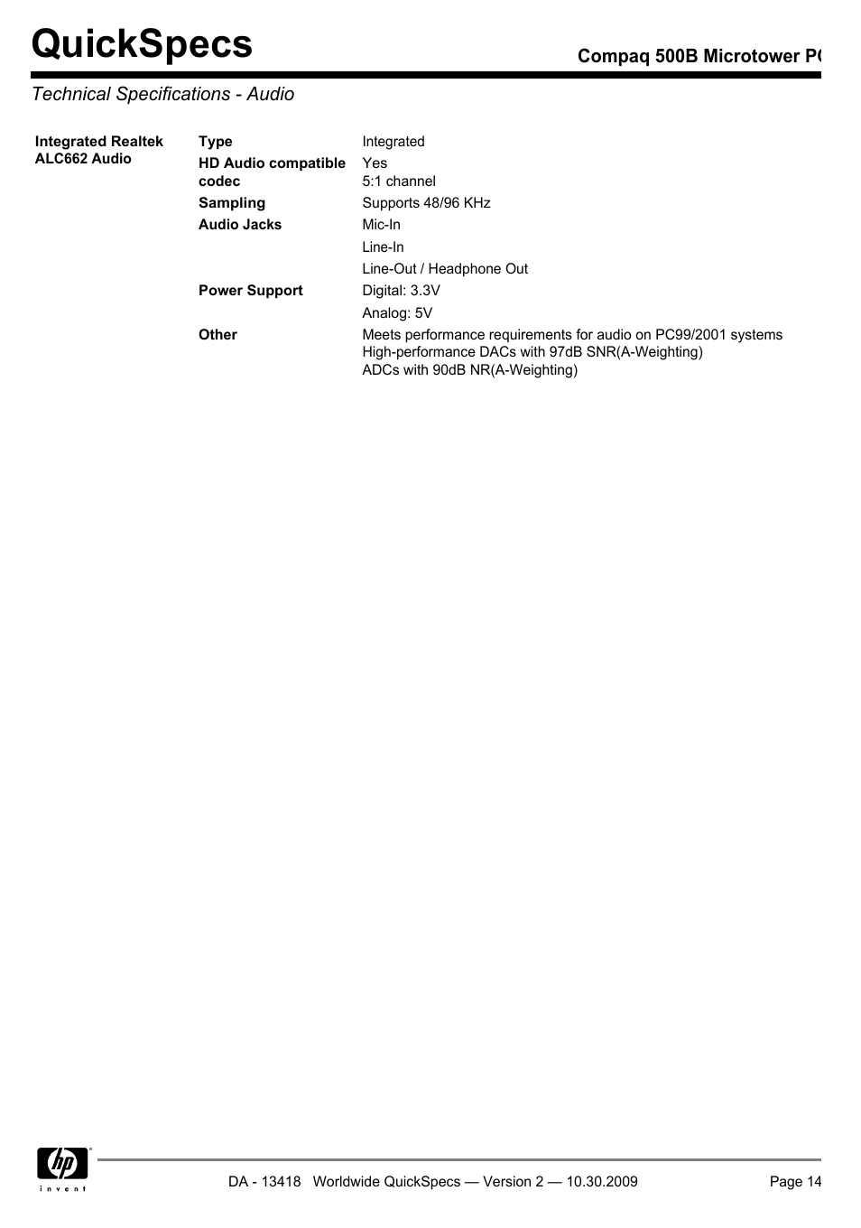 Technical specifications - audio, Quickspecs | HP Compaq Microtower 500B User Manual | Page 14 / 31