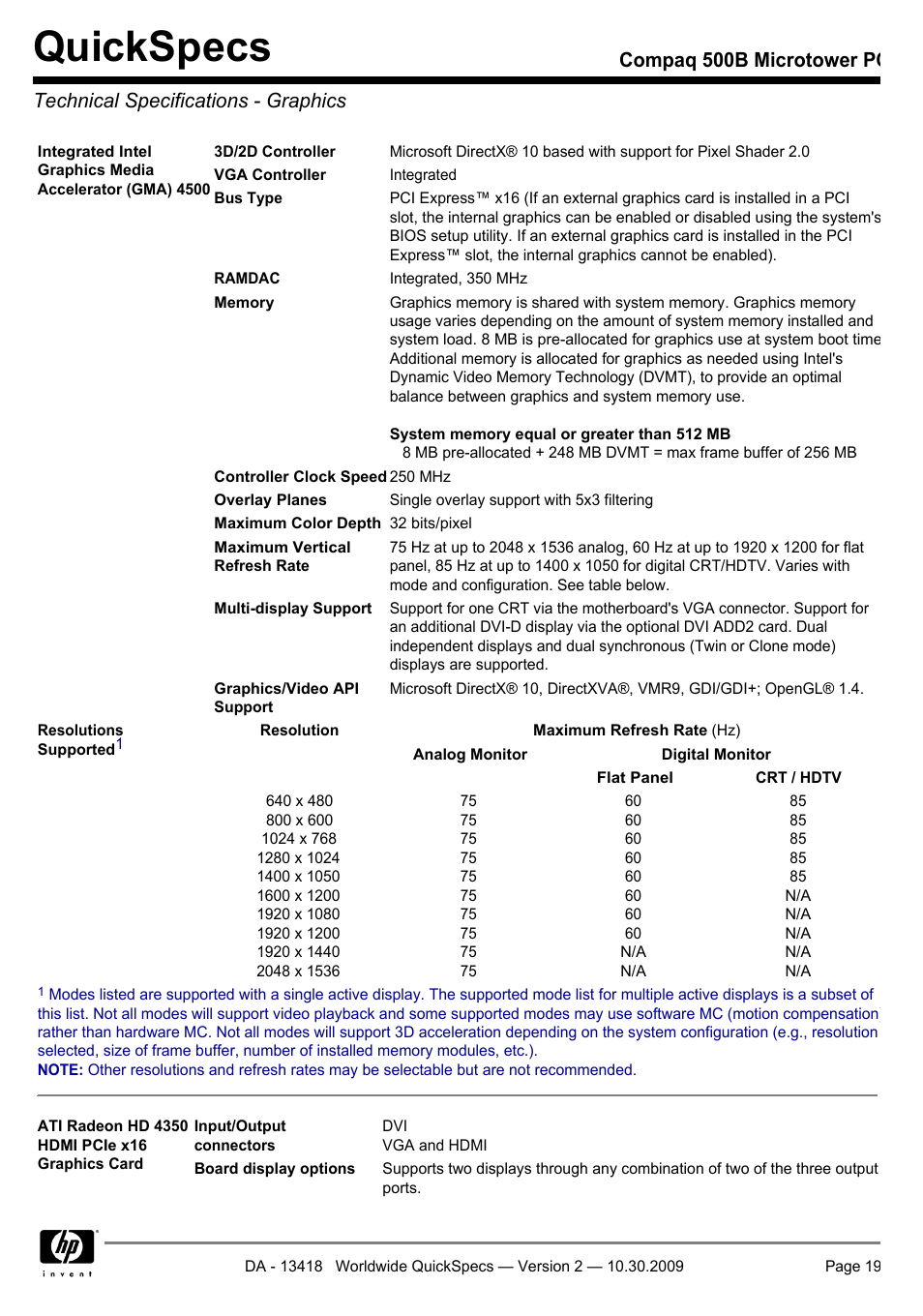 Technical specifications - graphics, Quickspecs | HP Compaq Microtower 500B User Manual | Page 19 / 31