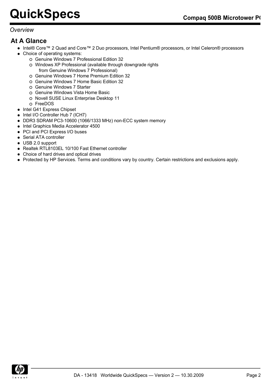 Quickspecs | HP Compaq Microtower 500B User Manual | Page 2 / 31