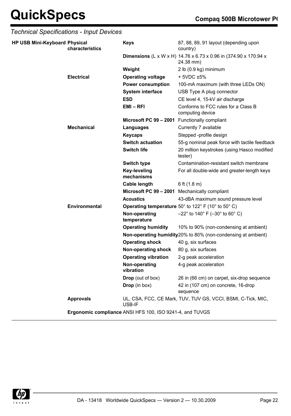 Quickspecs | HP Compaq Microtower 500B User Manual | Page 22 / 31