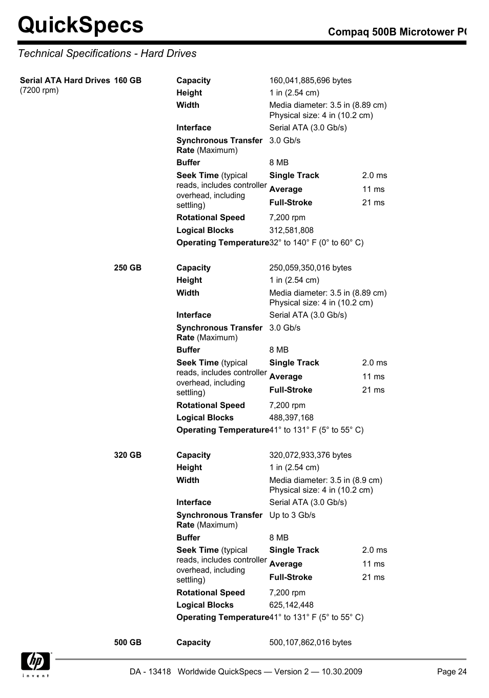 Technical specifications - hard drives, Quickspecs | HP Compaq Microtower 500B User Manual | Page 24 / 31