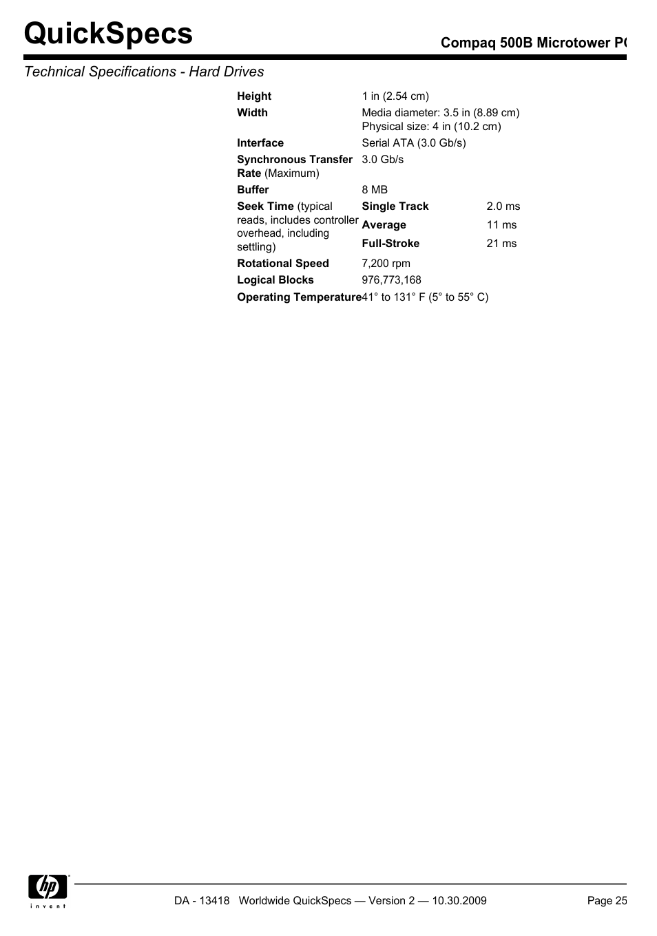 Quickspecs | HP Compaq Microtower 500B User Manual | Page 25 / 31