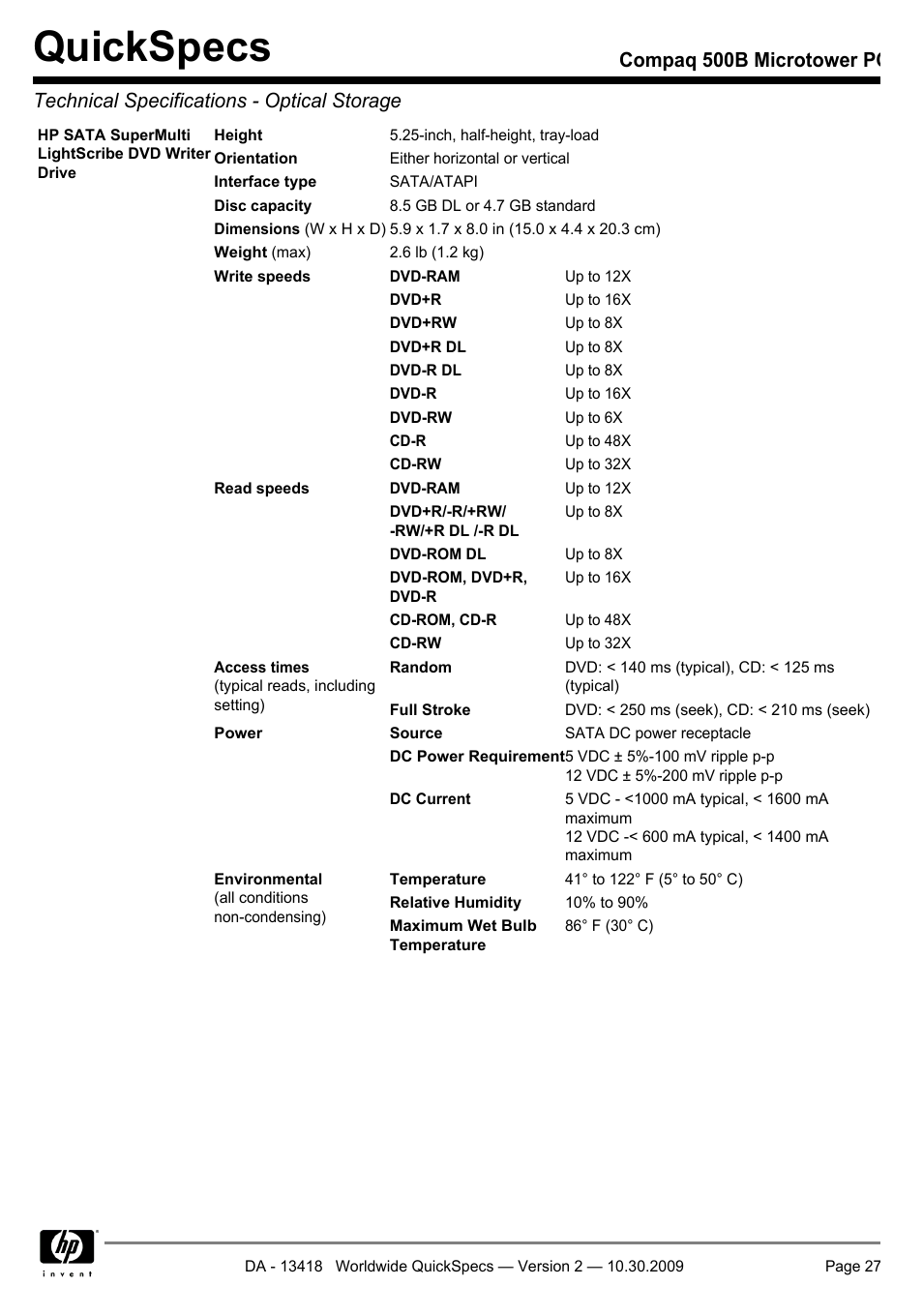 Quickspecs | HP Compaq Microtower 500B User Manual | Page 27 / 31