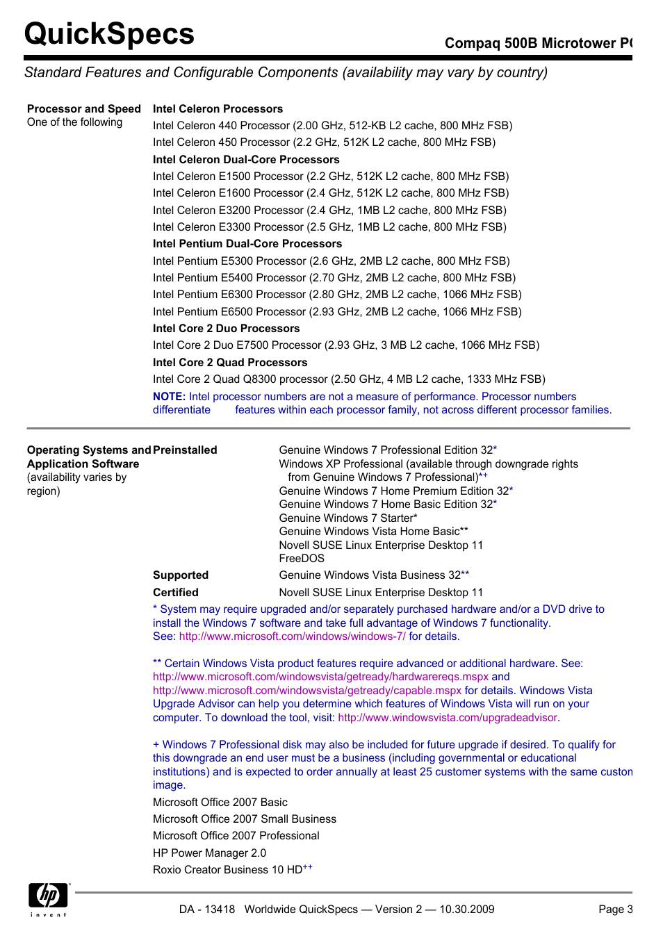 Quickspecs | HP Compaq Microtower 500B User Manual | Page 3 / 31