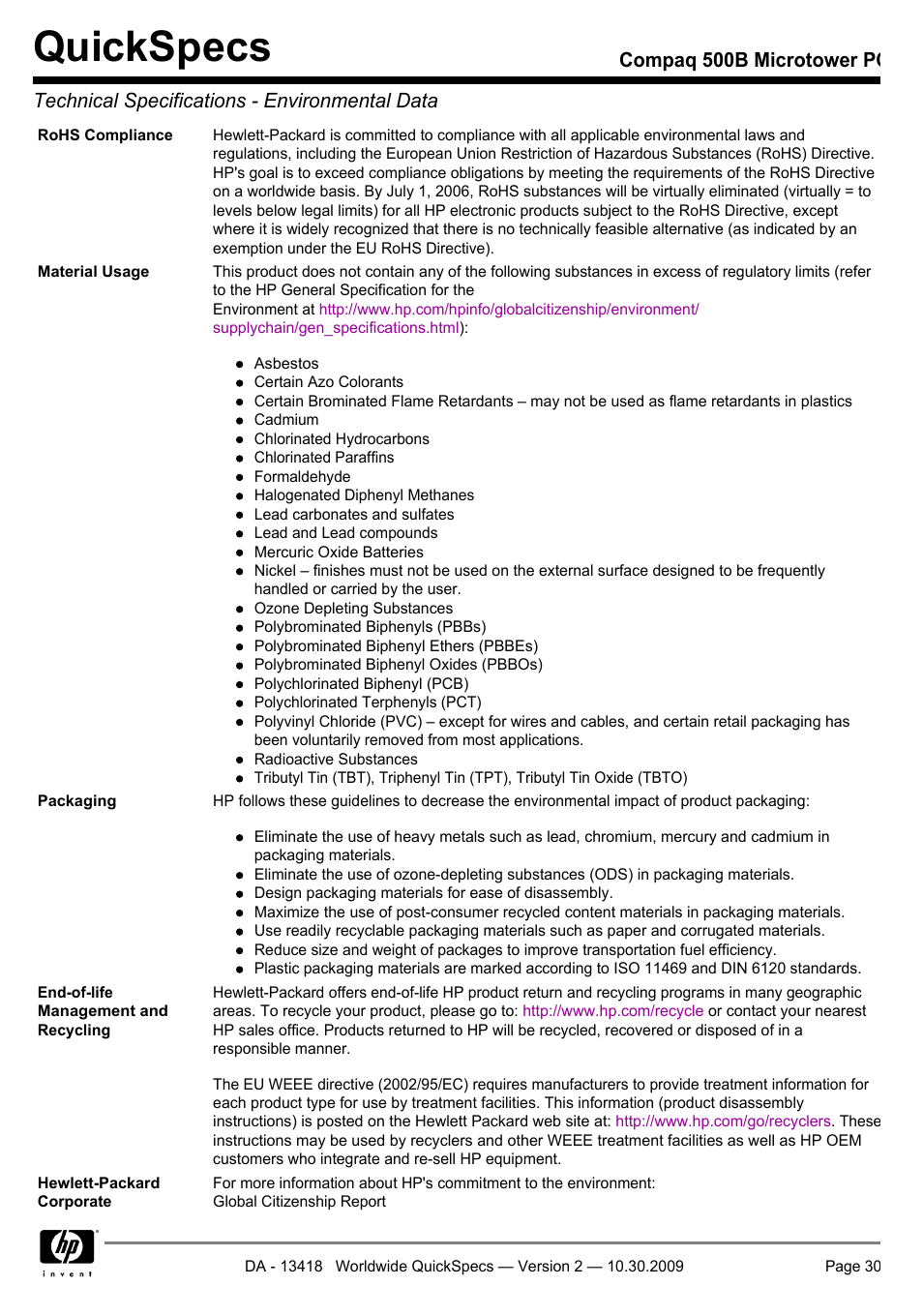Quickspecs | HP Compaq Microtower 500B User Manual | Page 30 / 31