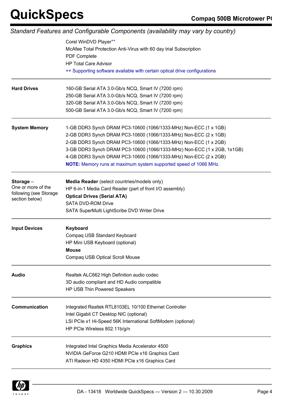 Quickspecs | HP Compaq Microtower 500B User Manual | Page 4 / 31