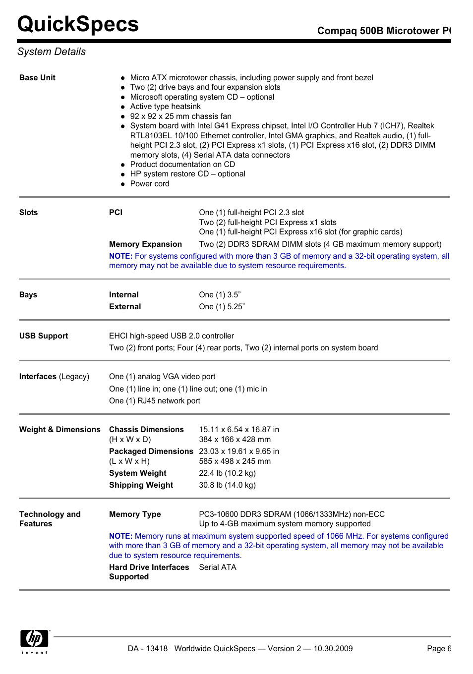 System details, Quickspecs, Compaq 500b microtower pc system details | HP Compaq Microtower 500B User Manual | Page 6 / 31