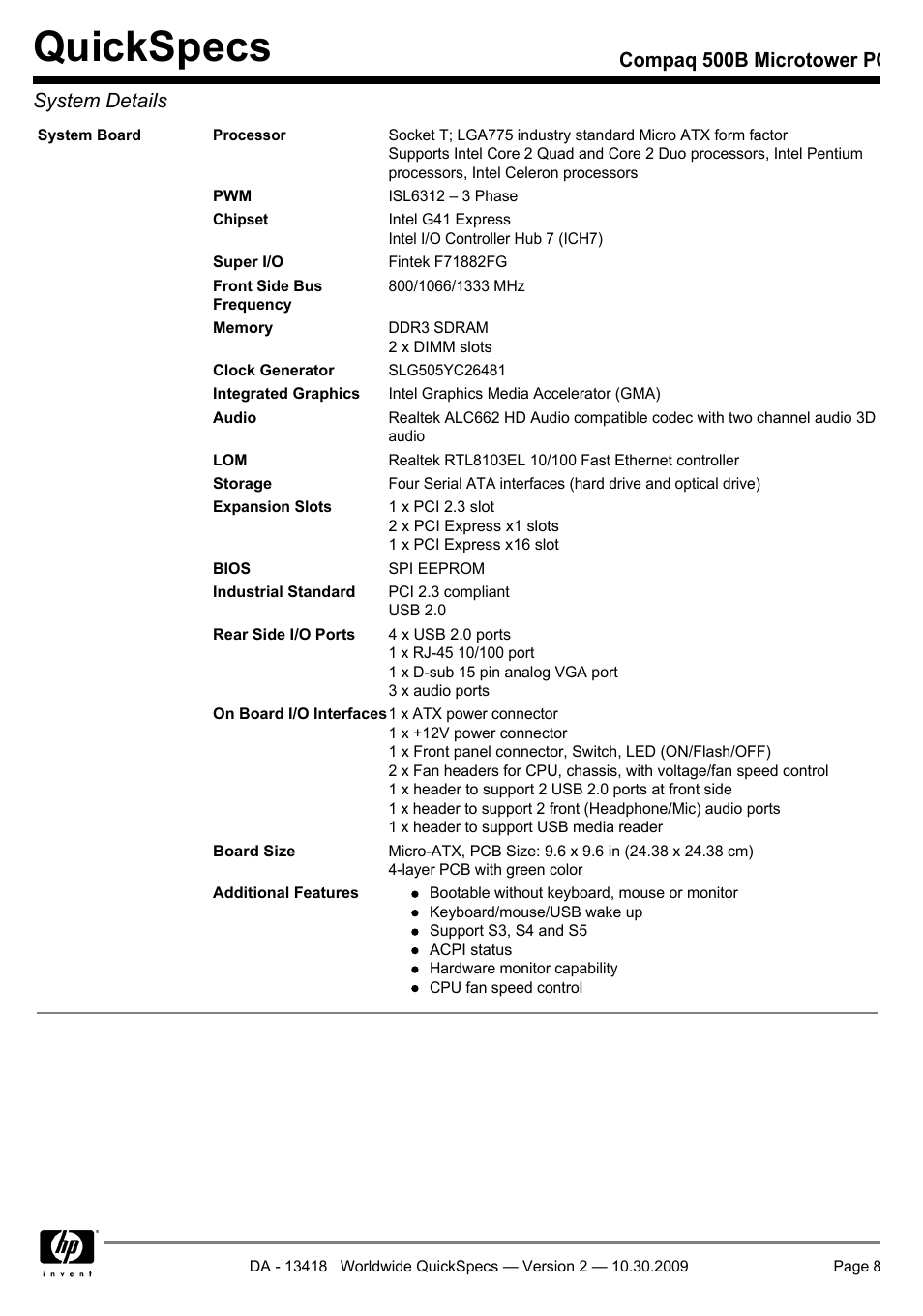 Quickspecs, Compaq 500b microtower pc system details | HP Compaq Microtower 500B User Manual | Page 8 / 31