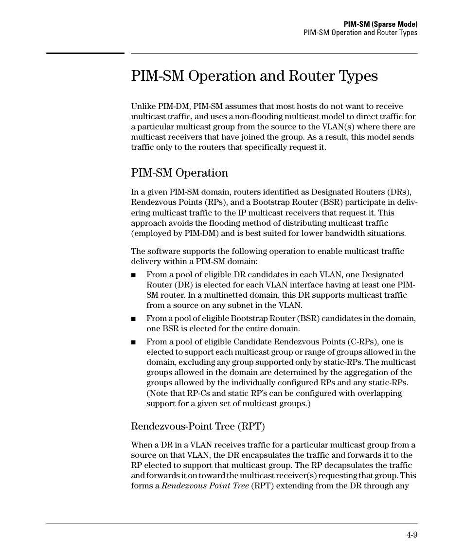 Pim-sm operation and router types, Pim-sm operation, Pim-sm operation -9 | Rendezvous-point tree (rpt) -9, Rendezvous-point tree (rpt) | HP 3500YL User Manual | Page 113 / 394