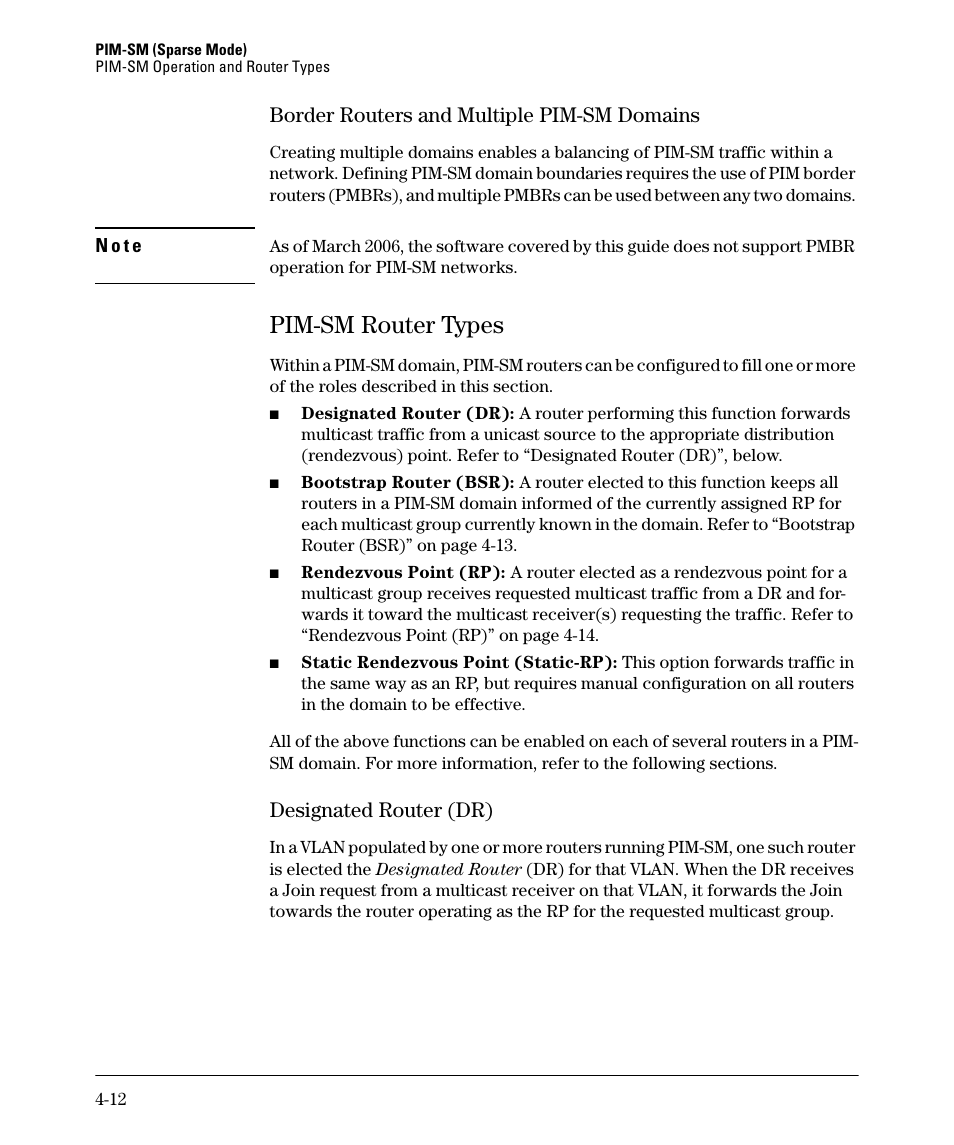 Pim-sm router types, Border routers and multiple pim-sm domains -12, Pim-sm router types -12 | Designated router (dr) -12, Border routers and multiple pim-sm domains, Designated router (dr) | HP 3500YL User Manual | Page 116 / 394