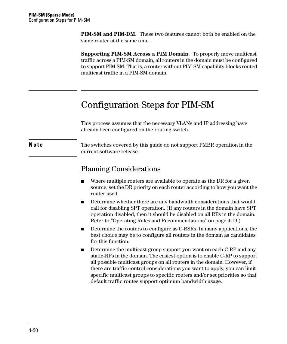 Configuration steps for pim-sm, Planning considerations, Planning considerations -20 | HP 3500YL User Manual | Page 124 / 394