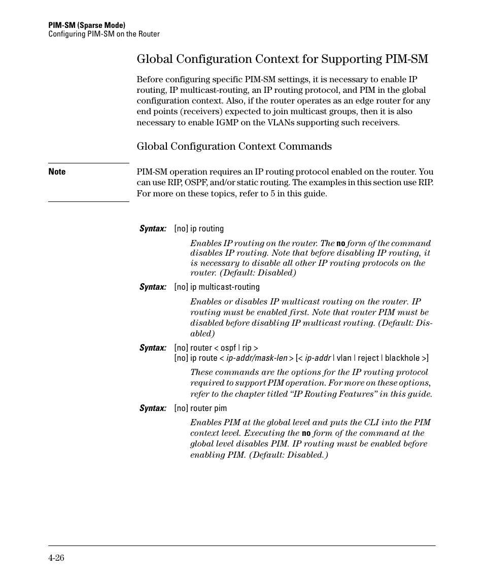 Global configuration context for supporting pim-sm, Global configuration context commands -26, Global configuration context commands | HP 3500YL User Manual | Page 130 / 394