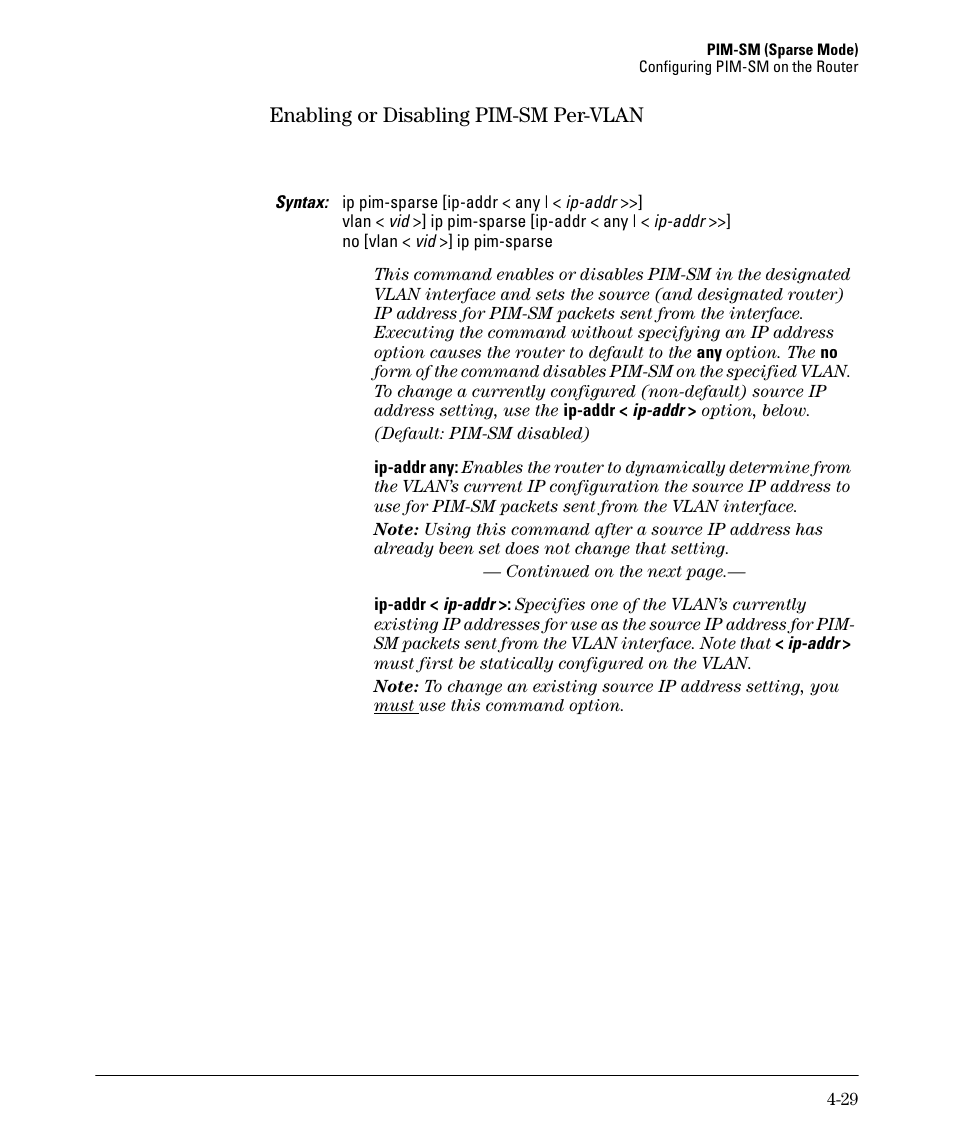 Enabling or disabling pim-sm per-vlan -29, Enabling or disabling pim-sm per-vlan | HP 3500YL User Manual | Page 133 / 394