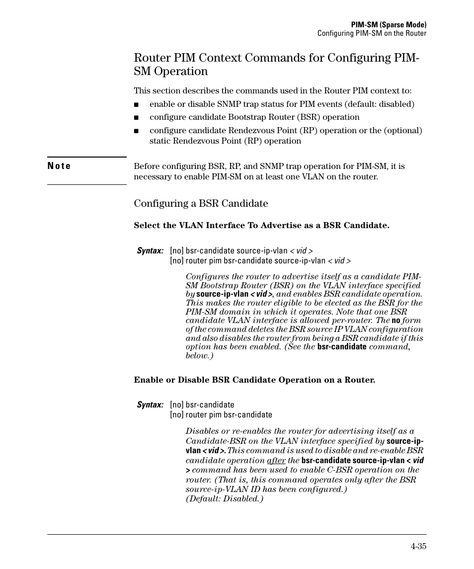 Configuring a bsr candidate -35, Configuring a bsr candidate | HP 3500YL User Manual | Page 139 / 394