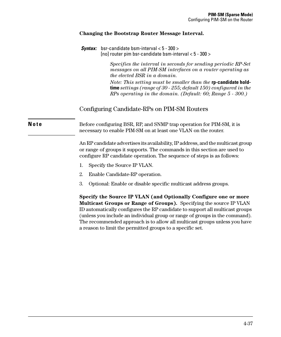 Configuring candidate-rps on pim-sm routers -37, Configuring candidate-rps on pim-sm routers | HP 3500YL User Manual | Page 141 / 394
