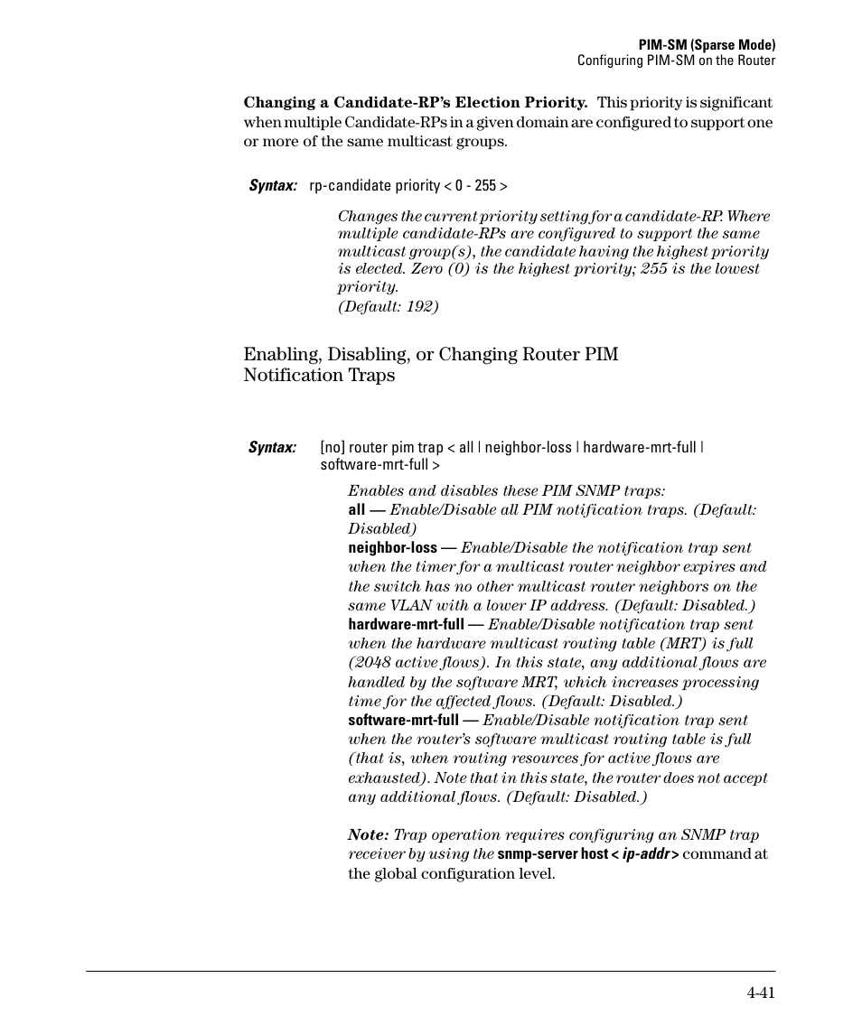 Enabling, disabling, or changing router pim, Notification traps -41 | HP 3500YL User Manual | Page 145 / 394
