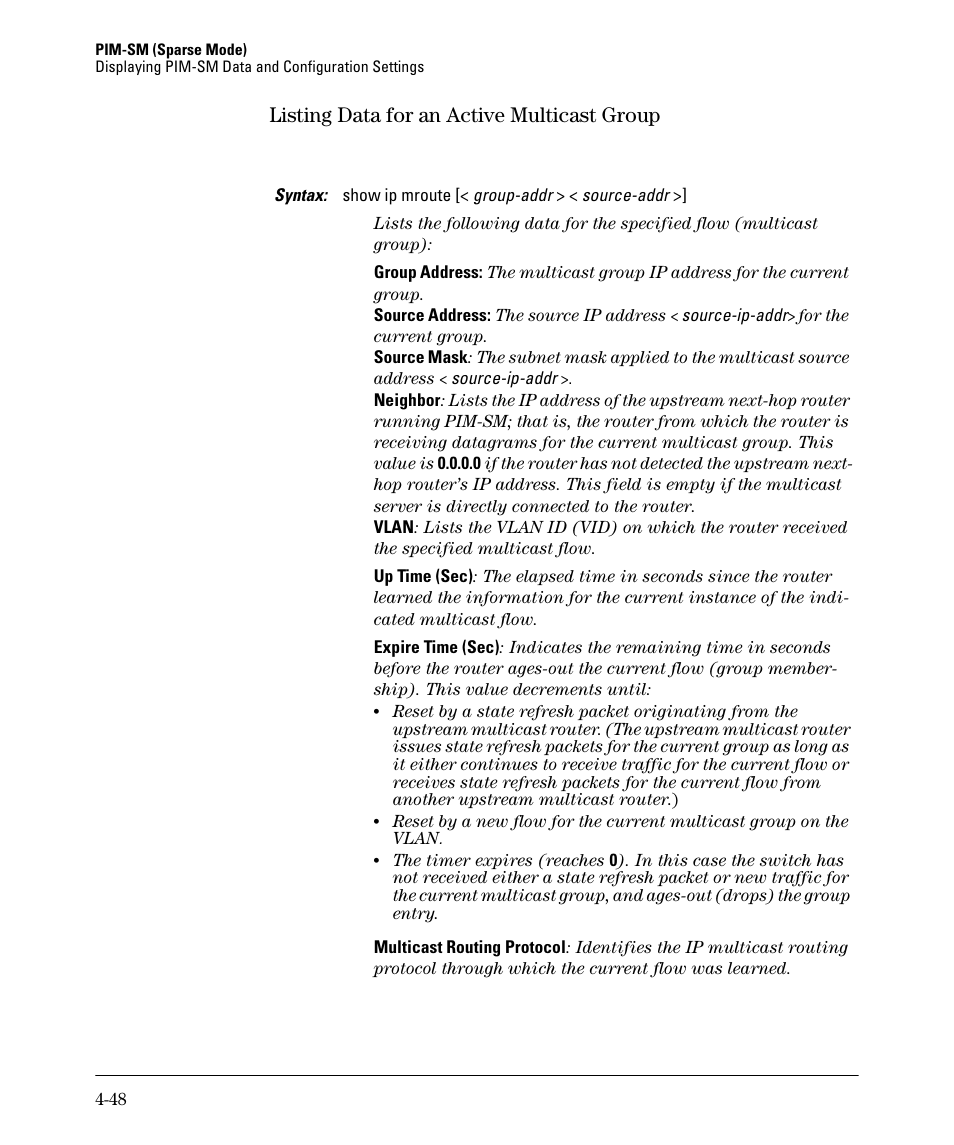 Listing data for an active multicast group -48, Listing data for an active multicast group | HP 3500YL User Manual | Page 152 / 394