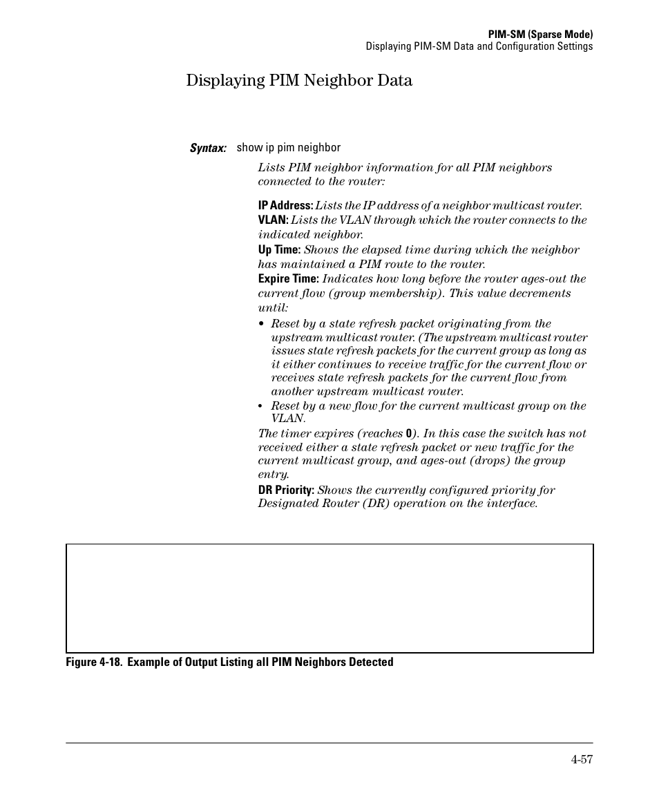 Displaying pim neighbor data, Displaying pim neighbor data -57 | HP 3500YL User Manual | Page 161 / 394