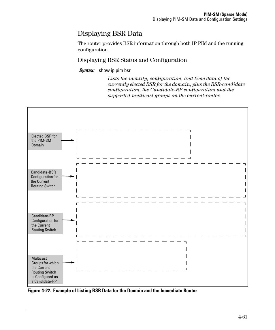 Displaying bsr data, Displaying bsr data -61, Displaying bsr status and configuration -61 | Displaying bsr status and configuration | HP 3500YL User Manual | Page 165 / 394