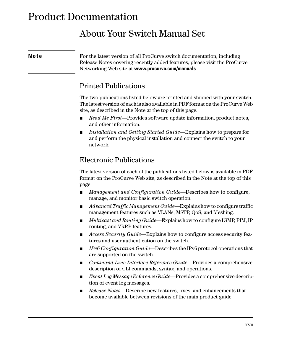 Product documentation, About your switch manual set, Printed publications | Electronic publications | HP 3500YL User Manual | Page 17 / 394
