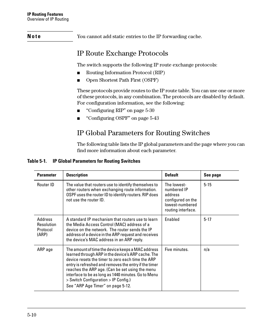 Ip route exchange protocols, Ip global parameters for routing switches, Ip route exchange protocols -10 | Ip global parameters for routing switches -10, Ip route exchange protocols -11, Ip global parameters for routing switches -11 | HP 3500YL User Manual | Page 184 / 394