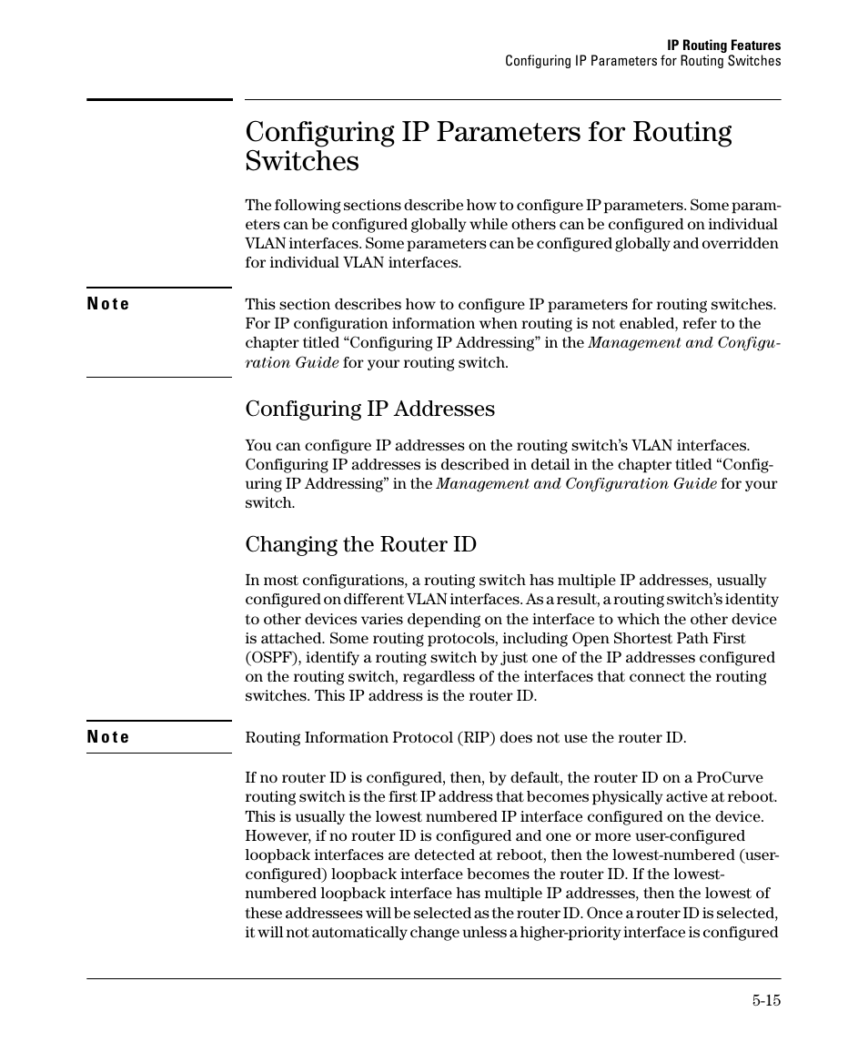 Configuring ip parameters for routing switches, Configuring ip addresses, Changing the router id | Configuring ip addresses -15, Changing the router id -15, Configuring ip addresses -16, Changing the router id -16 | HP 3500YL User Manual | Page 189 / 394