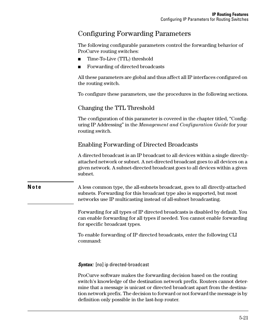 Configuring forwarding parameters, Configuring forwarding parameters -21, Changing the ttl threshold -21 | Enabling forwarding of directed broadcasts -21, Configuring forwarding parameters -22, Changing the ttl threshold -22, Enabling forwarding of directed broadcasts -22, Changing the ttl threshold, Enabling forwarding of directed broadcasts | HP 3500YL User Manual | Page 195 / 394