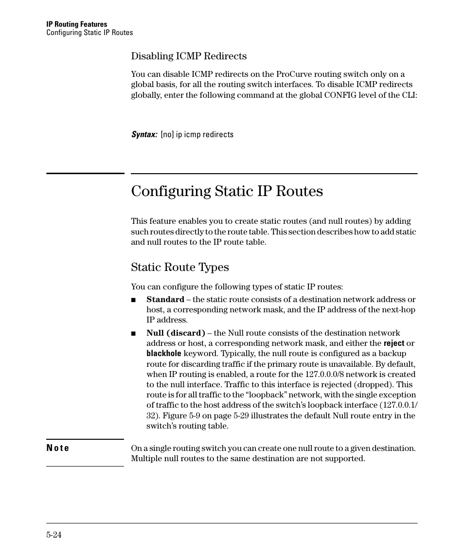 Configuring static ip routes, Static route types, Disabling icmp redirects -24 | Static route types -24, Disabling icmp redirects -25, Static route types -25 | HP 3500YL User Manual | Page 198 / 394