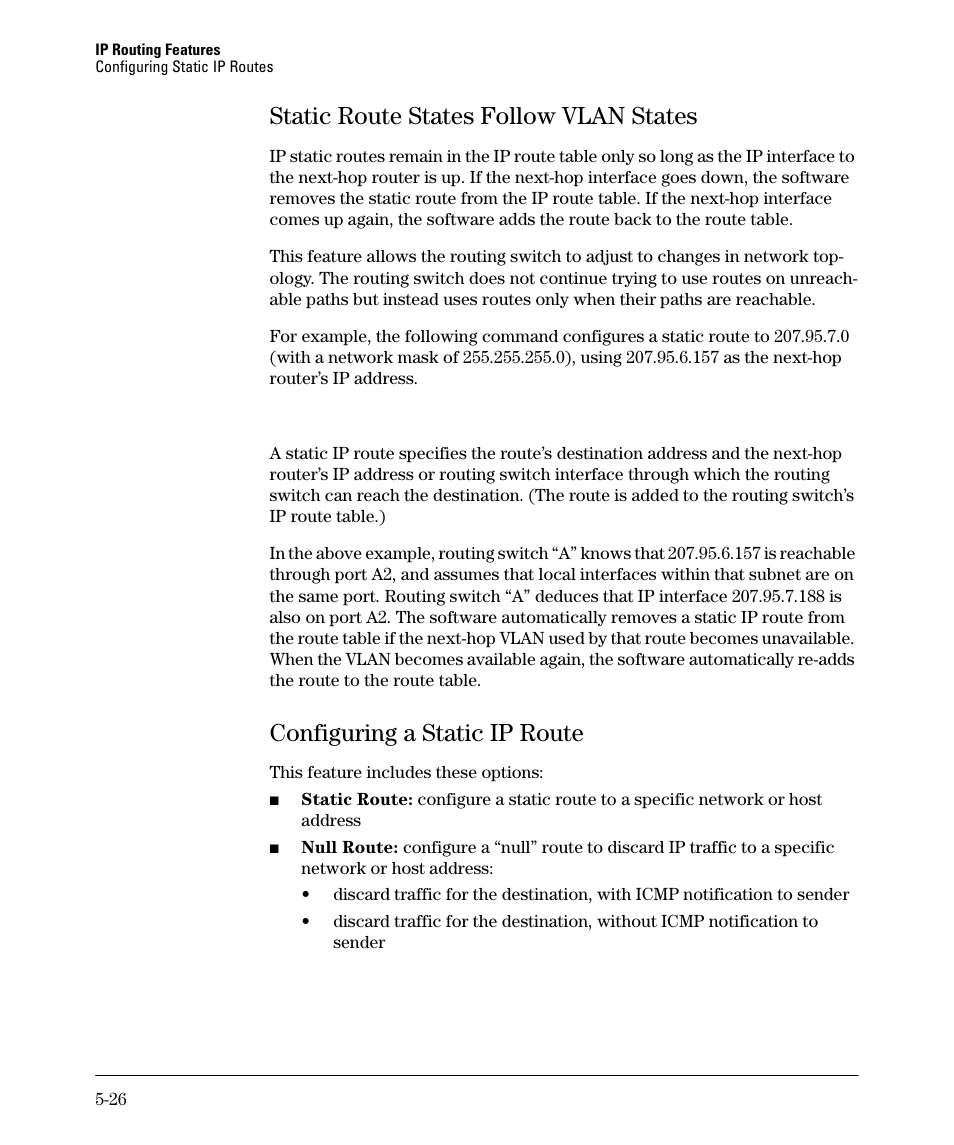 Static route states follow vlan states, Configuring a static ip route, Static route states follow vlan states -26 | Configuring a static ip route -26, Static route states follow vlan states -27, Configuring a static ip route -27 | HP 3500YL User Manual | Page 200 / 394