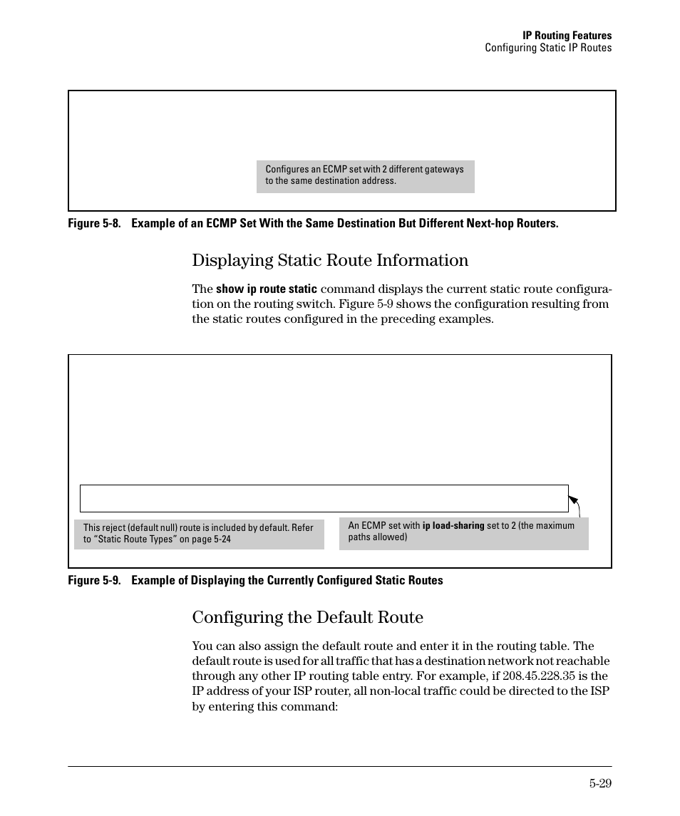Displaying static route information, Configuring the default route, Displaying static route information -29 | Configuring the default route -29, Displaying static route information -30, Configuring the default route -30, Figure 5-8 show | HP 3500YL User Manual | Page 203 / 394