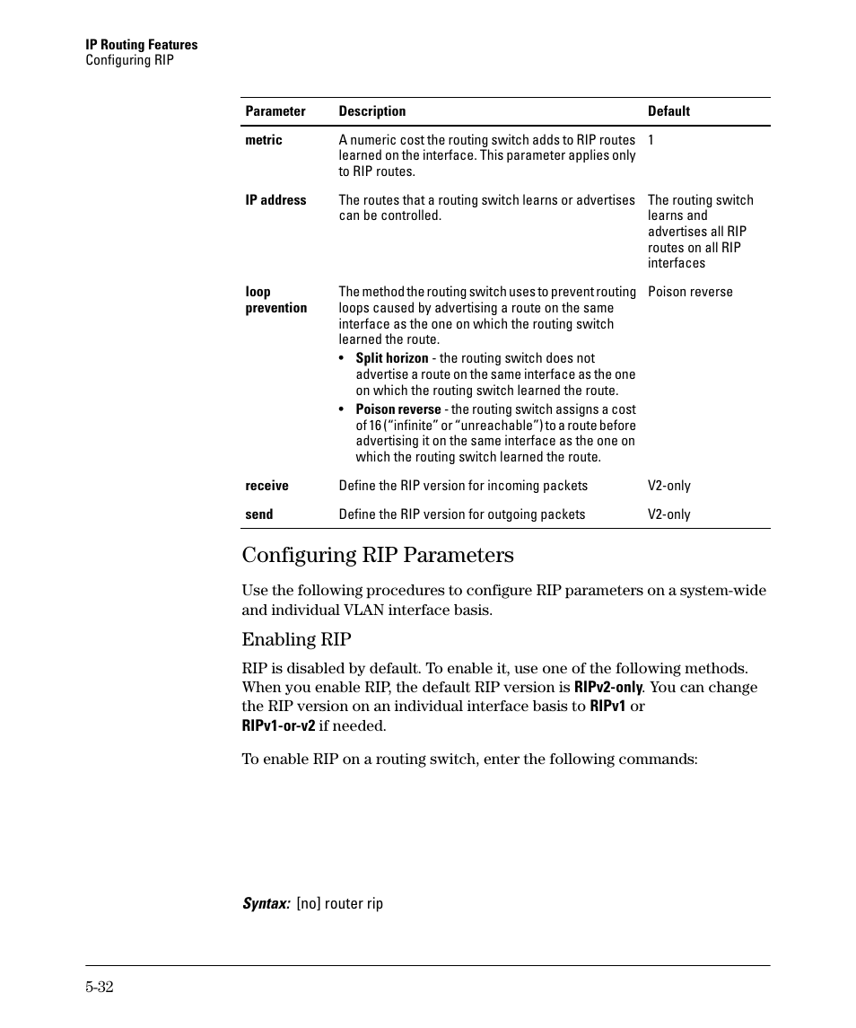 Configuring rip parameters, Configuring rip parameters -32, Enabling rip -32 | Configuring rip parameters -33, Enabling rip -33, Enabling rip | HP 3500YL User Manual | Page 206 / 394