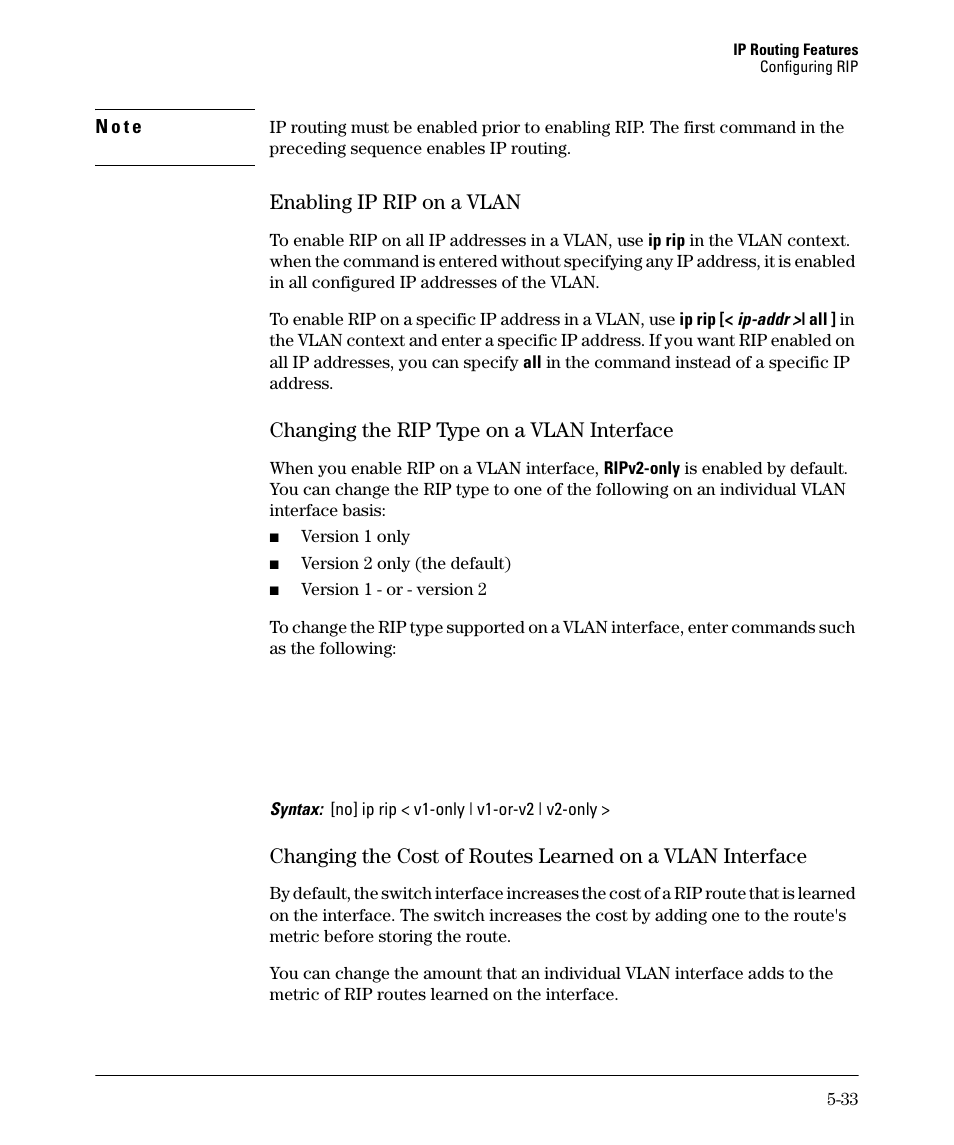 Enabling ip rip on a vlan -33, Changing the rip type on a vlan interface -33, Enabling ip rip on a vlan -34 | Changing the rip type on a vlan interface -34, Enabling ip rip on a vlan, Changing the rip type on a vlan interface | HP 3500YL User Manual | Page 207 / 394