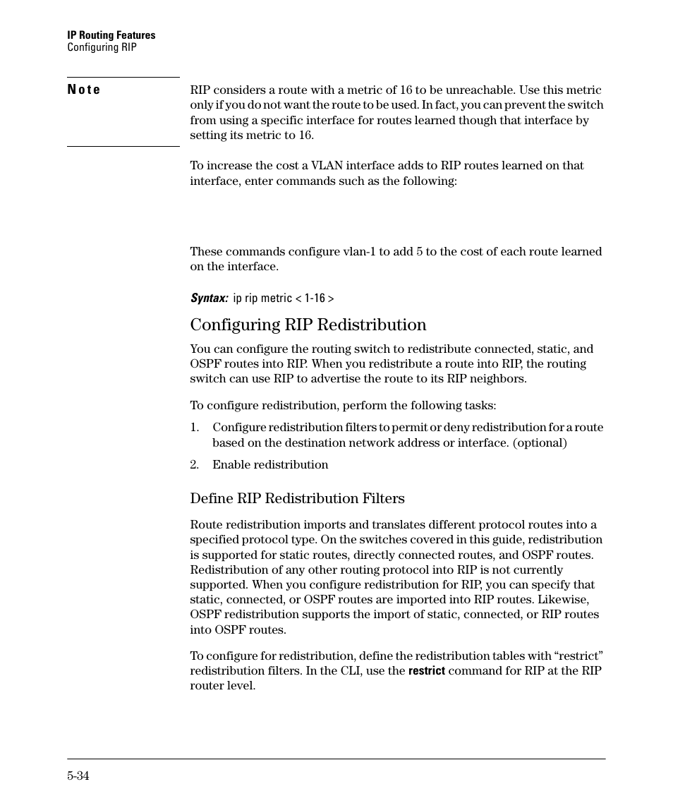 Configuring rip redistribution, Configuring rip redistribution -34, Define rip redistribution filters -34 | Configuring rip redistribution -35, Define rip redistribution filters -35 | HP 3500YL User Manual | Page 208 / 394