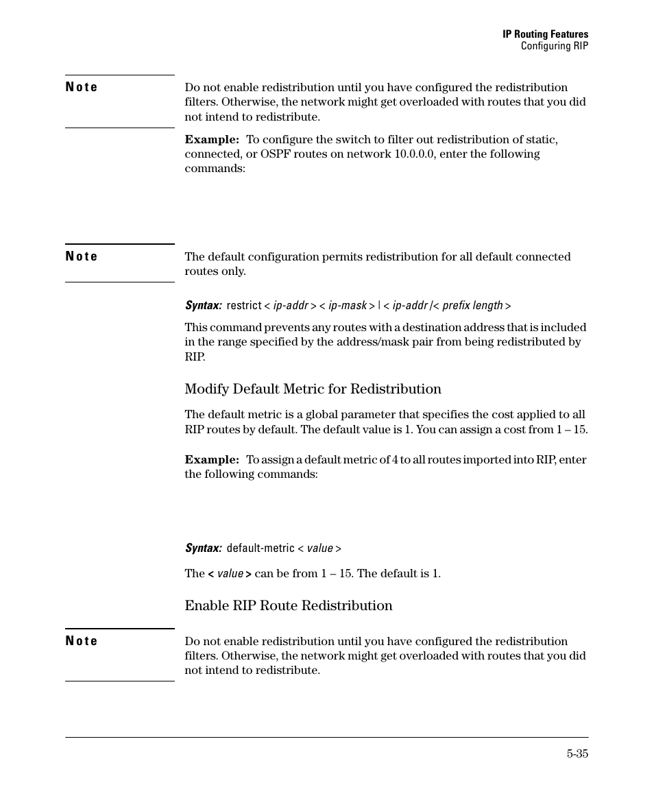 Modify default metric for redistribution -35, Enable rip route redistribution -35, Modify default metric for redistribution -36 | Enable rip route redistribution -36, Modify default metric for redistribution, Enable rip route redistribution | HP 3500YL User Manual | Page 209 / 394