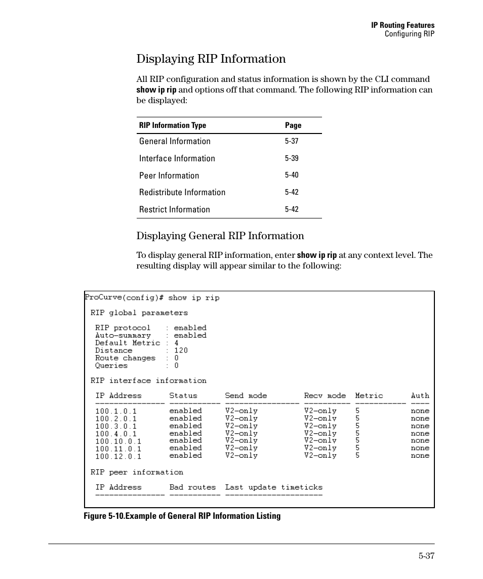 Displaying rip information, Displaying rip information -37, Displaying general rip information -37 | Displaying rip information -38, Displaying general rip information -38, Displaying general rip information | HP 3500YL User Manual | Page 211 / 394