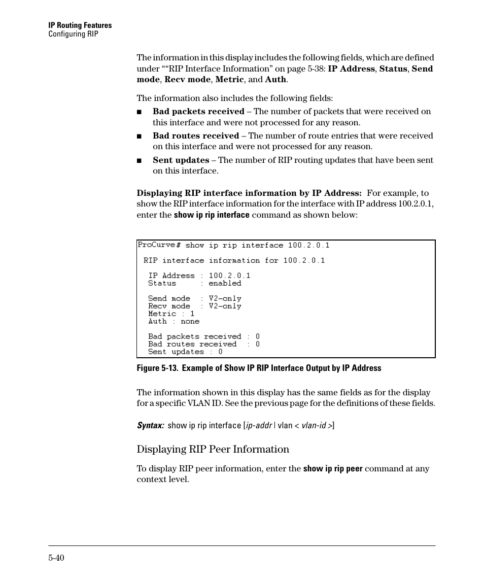 Displaying rip peer information -40, Displaying rip peer information -41, Displaying rip peer information | HP 3500YL User Manual | Page 214 / 394