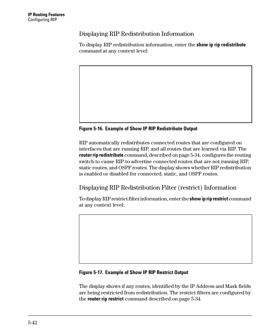 Displaying rip redistribution information -42, Displaying rip redistribution information -43, Displaying rip redistribution information | HP 3500YL User Manual | Page 216 / 394